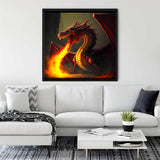 Large framed dragon diamond painting above a white sofa in a modern living room setting.