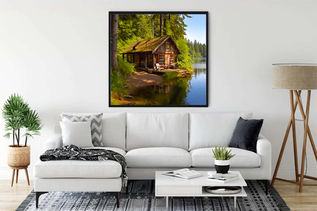 Diamond Painting - House on the Lake Shore, Paint by Numbers kit hanging in modern living room