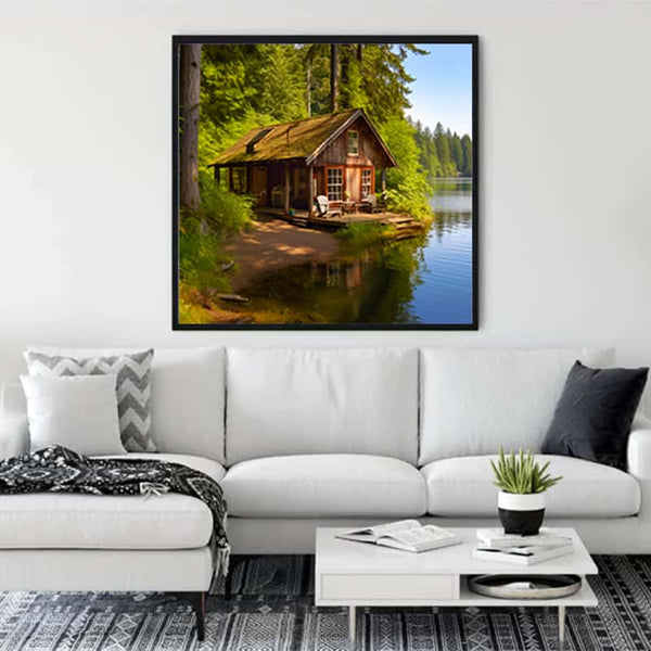 Diamond Painting - House on the Lake Shore, Paint by Numbers kit hanging in modern living room
