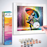 Paint by Numbers - Dance of Colors in the Rain wall art featuring a girl with colorful umbrella dancing amidst vibrant rain drops.
