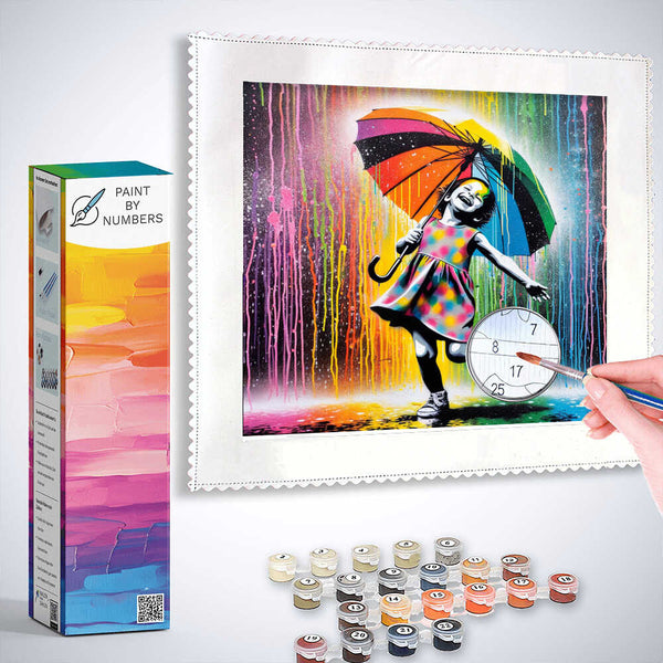 Paint by Numbers - Dance of Colors in the Rain wall art featuring a girl with colorful umbrella dancing amidst vibrant rain drops.