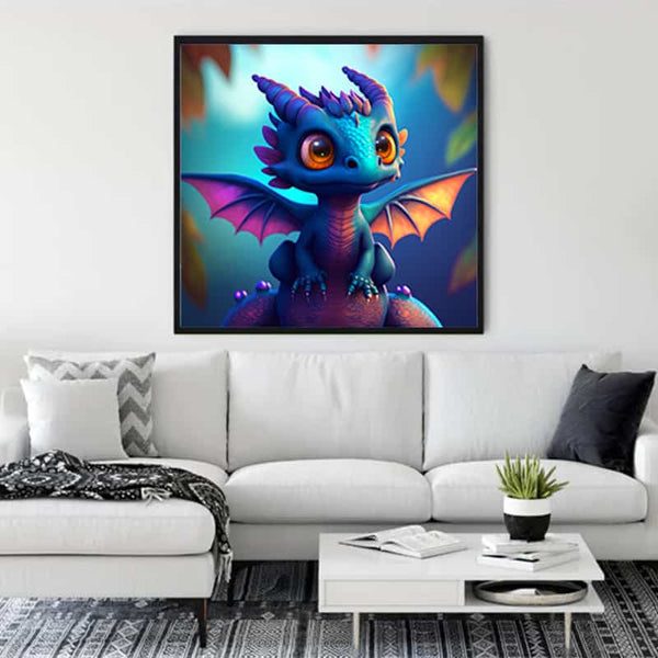 Diamond Painting - Dragon Spirit artwork displayed in modern living room above a white sofa.