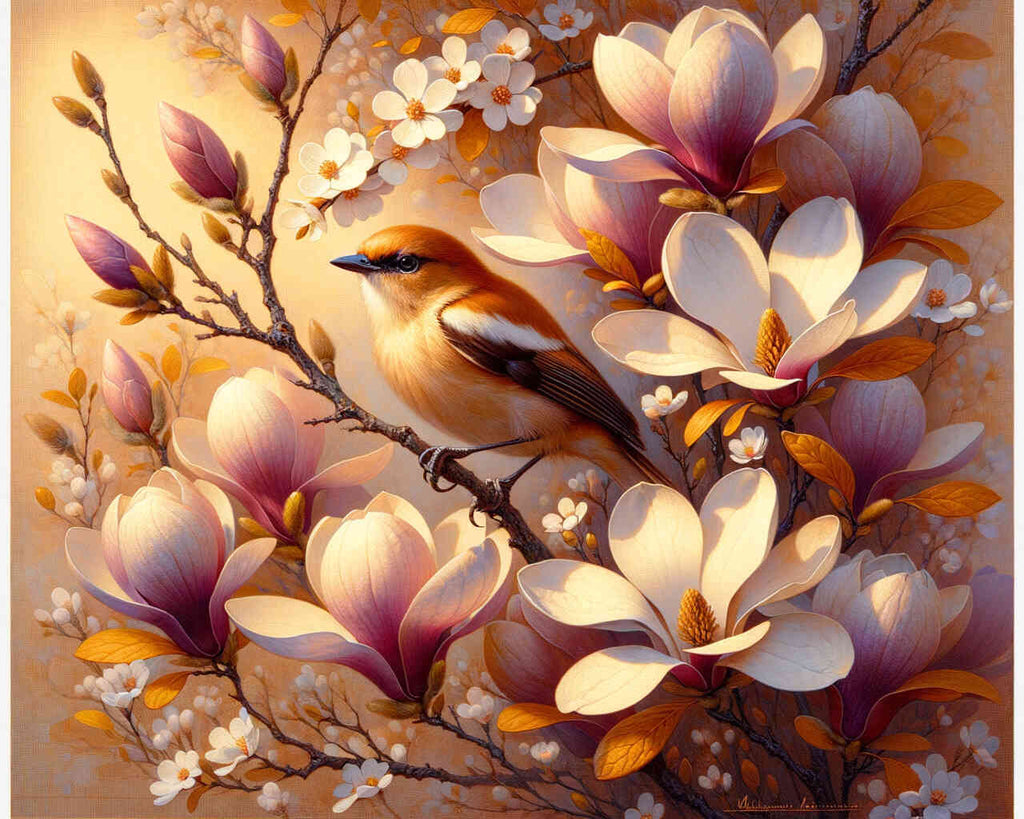 Flowers with bird - Paint by Numbers