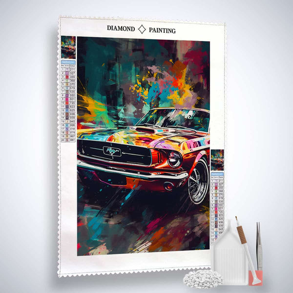 Colorful car diamond painting kit with professional canvas, enhanced acrylic diamonds, artist's tweezers, and application pen