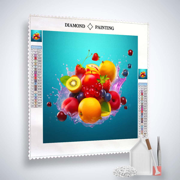 Diamond Painting Kit - Fruit Cocktail Blue design, featuring vibrant fruits on canvas, with acrylic diamonds and application tools included.