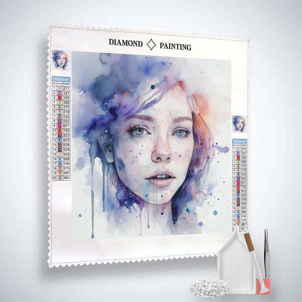 Diamond Painting Kit with a delicate portrait of a woman, featuring acrylic diamonds, tweezers, and application pen for paint by numbers.