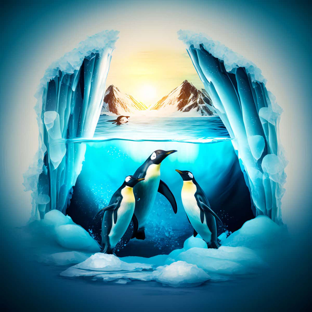 Diamond Painting of penguins underwater in an icy cave, featuring a sunset and mountains in the background. Paint by Numbers kit.