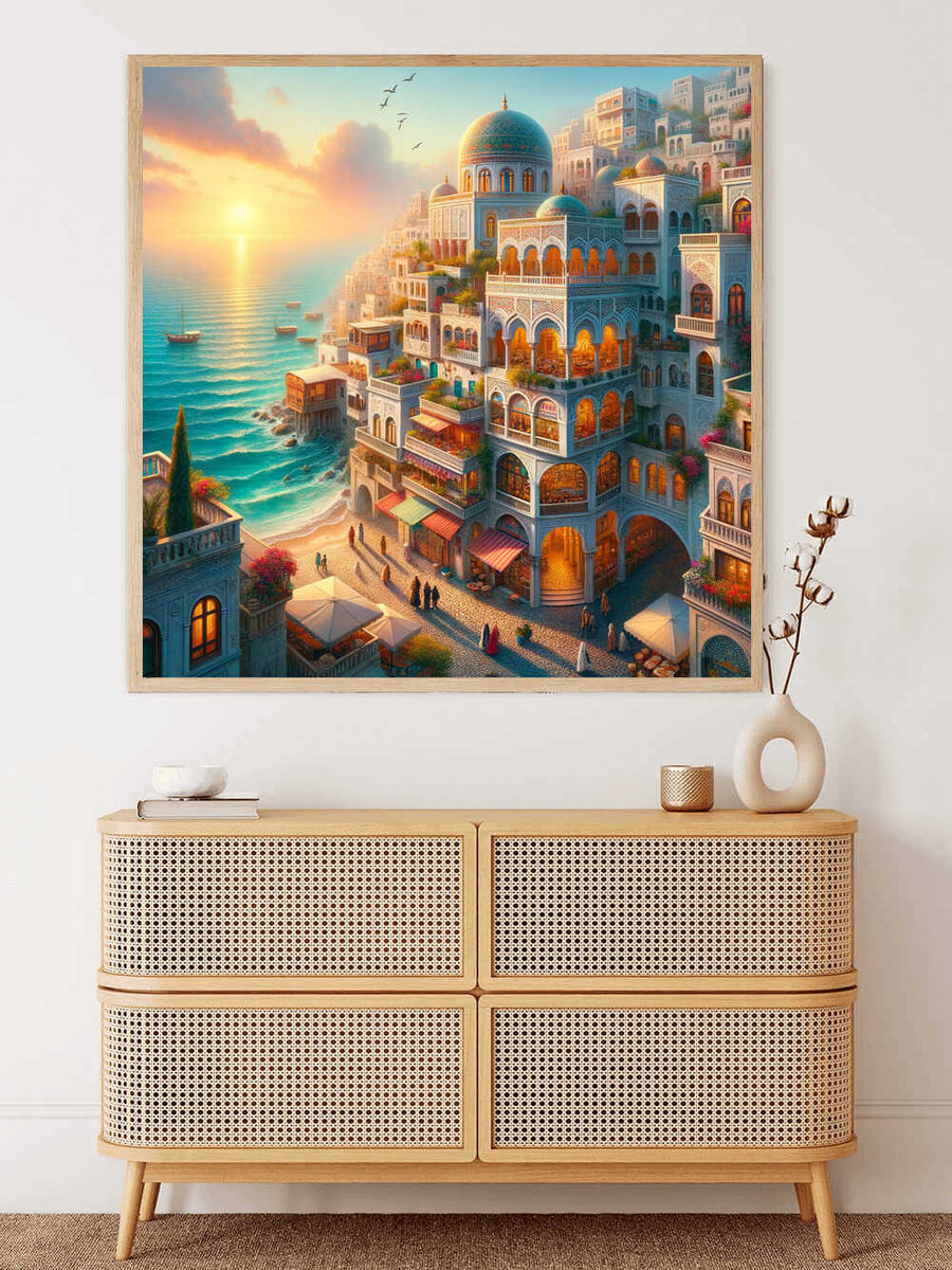 Paint by Numbers - Sunrise on the Mediterranean with golden light on terracotta roofs, turquoise sea, and flowering balconies in Modern Realism style.