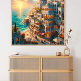Paint by Numbers - Sunrise on the Mediterranean with golden light on terracotta roofs, turquoise sea, and flowering balconies in Modern Realism style.