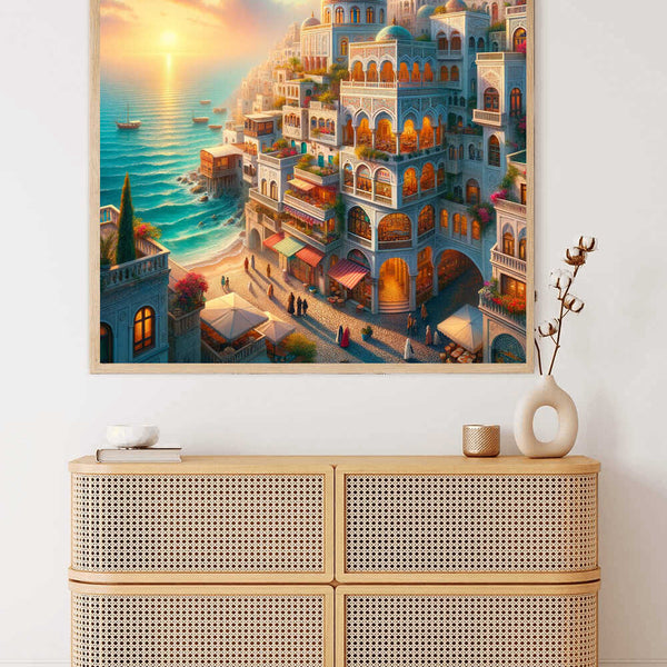 Paint by Numbers - Sunrise on the Mediterranean with golden light on terracotta roofs, turquoise sea, and flowering balconies in Modern Realism style.