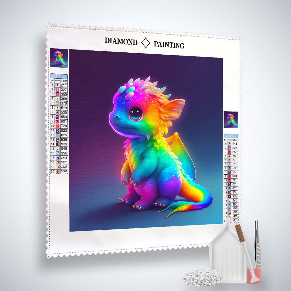 Diamond Painting Kit featuring vibrant ultraneon dragon design with acrylic diamonds, application pen, and fine artist's tweezers. Paint by Numbers.