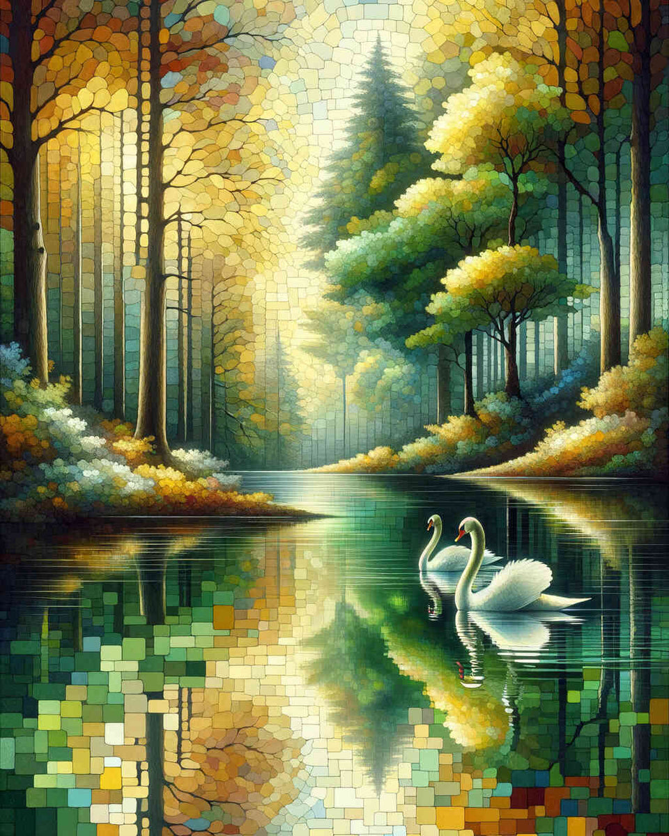 Forest, swans in lake
