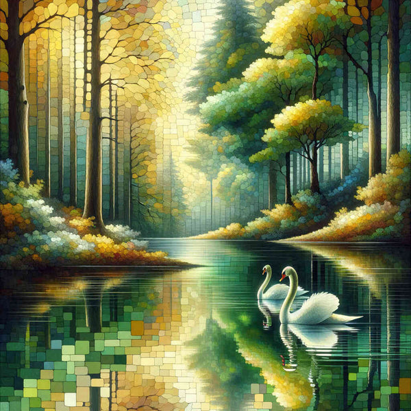 Forest, swans in lake