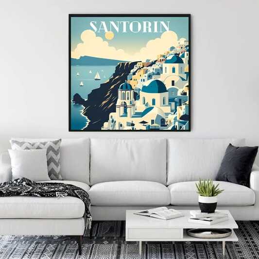 Paint by Numbers - Meeresbrise in Santorin, Mediterranean sea view artwork with blue domes, white buildings, and golden sunlight in Santorini.
