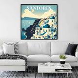 Paint by Numbers - Meeresbrise in Santorin, Mediterranean sea view artwork with blue domes, white buildings, and golden sunlight in Santorini.