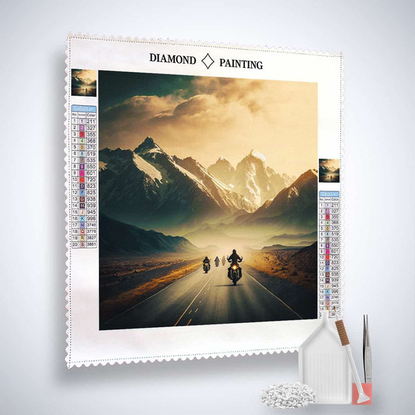 Diamond Painting kit with fast biker scene, professional canvas, acrylic diamonds, tweezers, and application pen. Paint by Numbers.