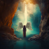 Angel with wings in a mystical cave with shimmering light, part of a Diamond Painting Kit – Paint by Numbers.