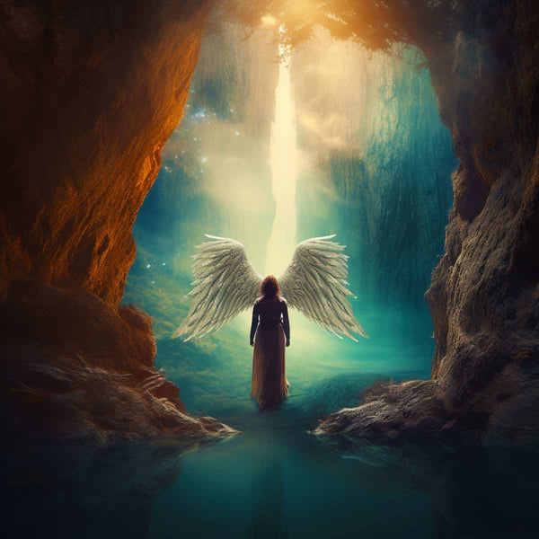 Angel with wings in a mystical cave with shimmering light, part of a Diamond Painting Kit – Paint by Numbers.