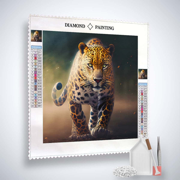 Diamond Painting Kit with Magnificent Leopard design, featuring acrylic diamonds, tweezers, and application pen for Paint by Numbers art.