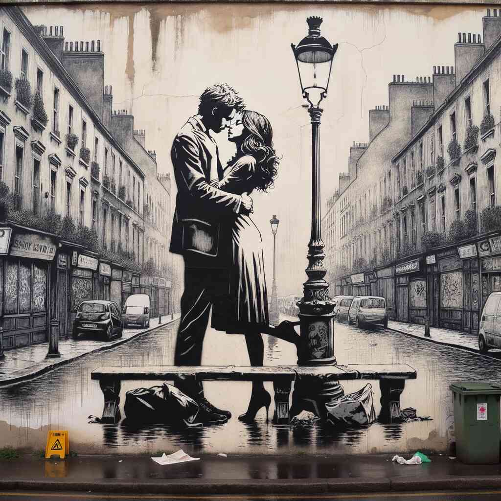 Paint by Numbers - Lovers in Paris mural, romantic street art of a couple kissing under a lamppost on a Parisian street in sepia tones.