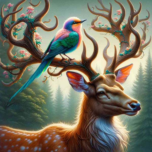 Paint by Numbers - Forest Whispers: Enchanted deer with flowering antler branches and colorful bird in a fairytale forest at twilight.