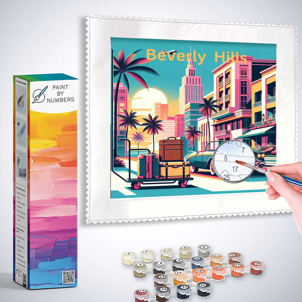 Paint by Numbers - Californian Dreams kit featuring a retro Beverly Hills scene with pastel buildings, palm trees, and a vintage car.