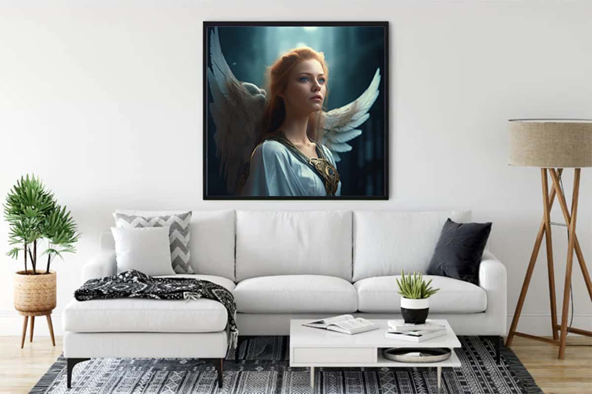 Diamond Painting - Angel Frontal displayed on a living room wall above a white sofa, enhancing home decor with its sparkling design.