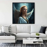Diamond Painting - Angel Frontal displayed on a living room wall above a white sofa, enhancing home decor with its sparkling design.