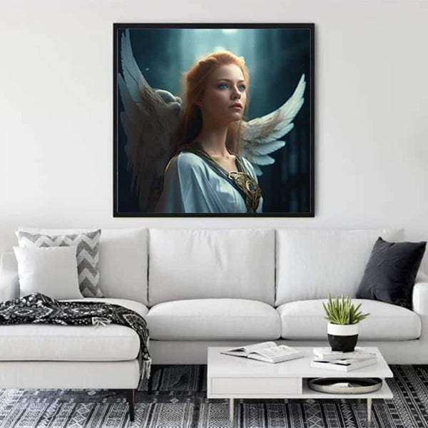 Diamond Painting - Angel Frontal displayed on a living room wall above a white sofa, enhancing home decor with its sparkling design.