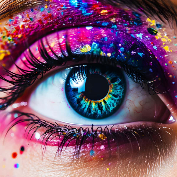 Close-up of a colorful eye with vibrant eye makeup and glitter.