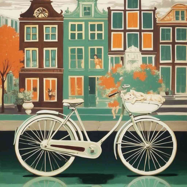 Paint by Numbers - Amsterdam's Idyll featuring a bicycle by a canal with colorful, angular houses in the background.