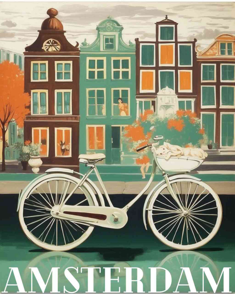 Paint by Numbers - Amsterdam's Idyll featuring a bicycle by a canal with colorful, angular houses in the background.