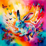Rainbow bunny and butterflies in a vibrant paint-splashed design - Diamond Painting Kit art - Paint by Numbers