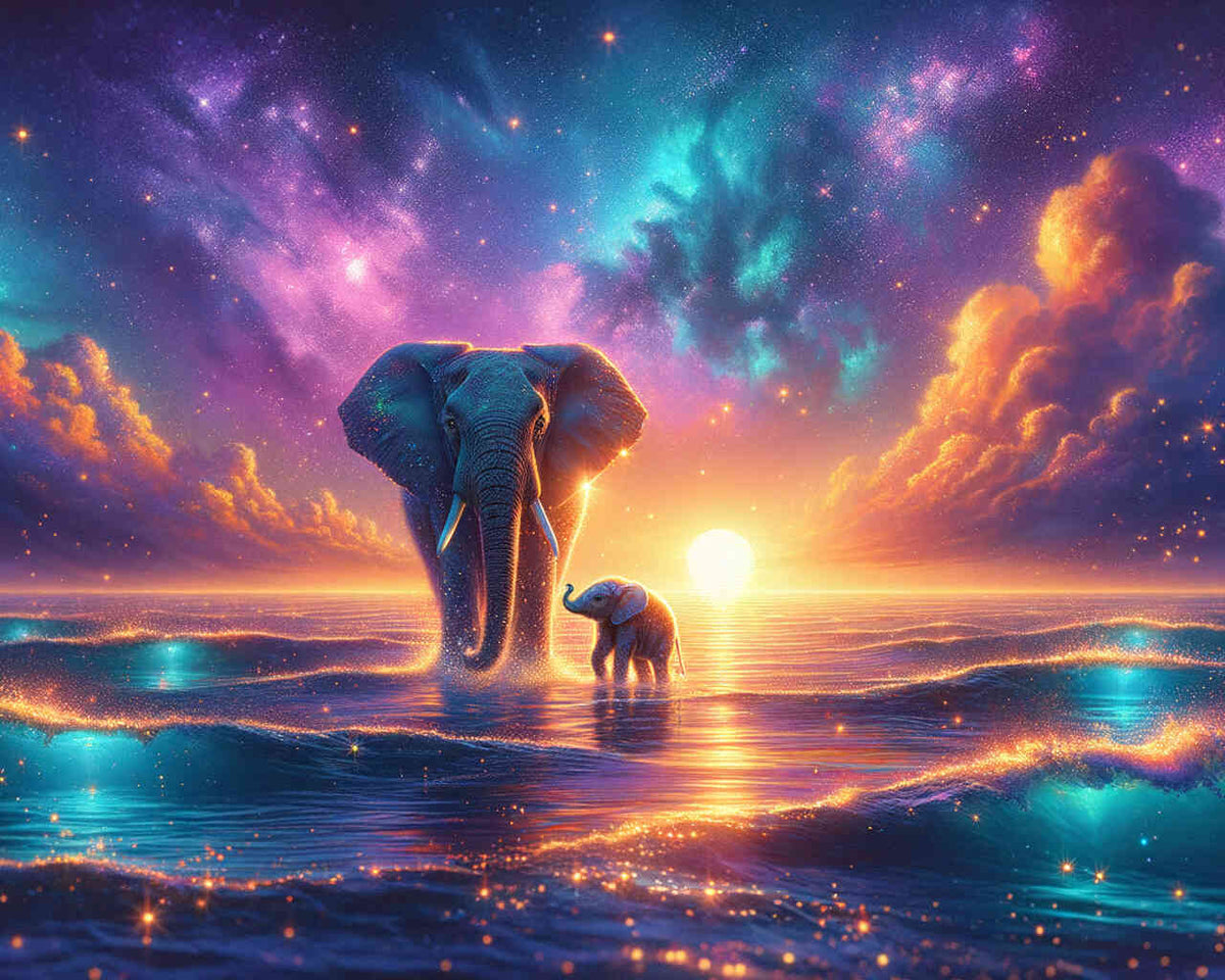 Paint by Numbers - Elephant in the sea, mother with child