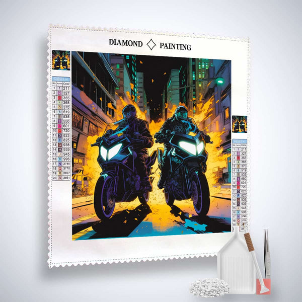 Diamond Painting - Race Track Rocket, Paint by Numbers kit with motorbike design, includes canvas, acrylic diamonds, tweezers, and pen