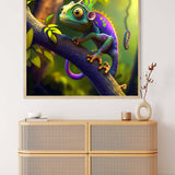 Diamond Painting - Green Chameleon Wall Art with Sparkling Acrylic Diamonds Above a Wooden Cabinet