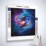 Diamond Painting - Cosmic Harmony kit with galaxy design and tools for paint by numbers.