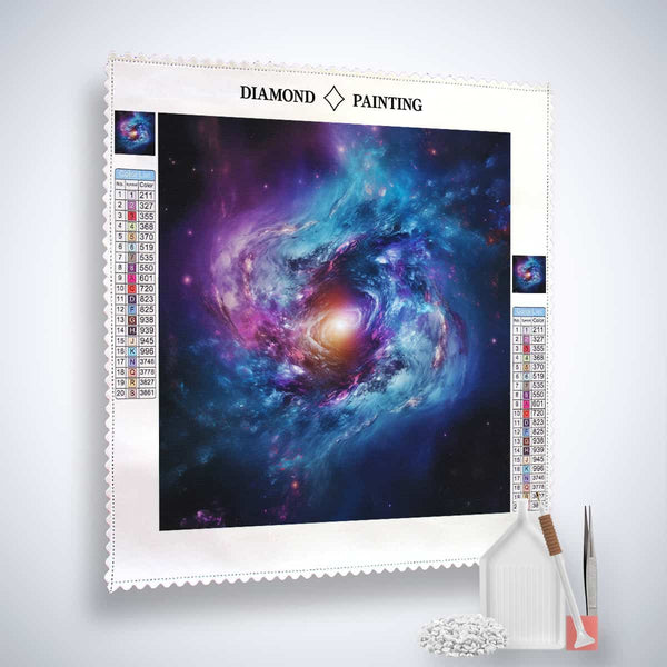 Diamond Painting - Cosmic Harmony kit with galaxy design and tools for paint by numbers.