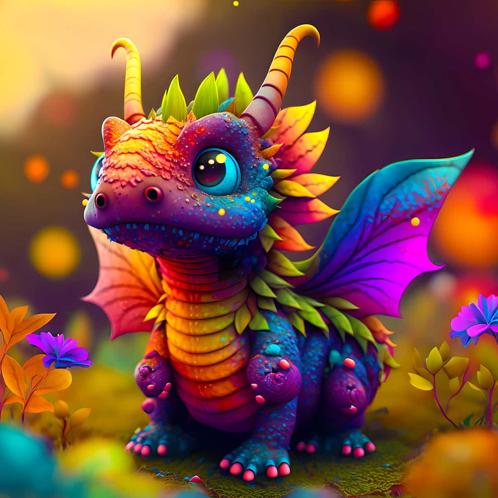 Colorful dragon baby illustration for AB Diamond Painting kit, Paint by Numbers, featuring vibrant wings and detailed scales.