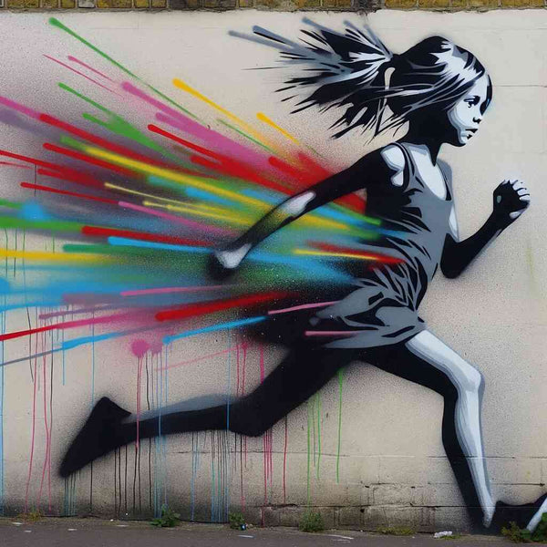 Black and white figure running with dynamic bright color stripes in street art style, depicting Paint by Numbers - Escape of colors in the wind.