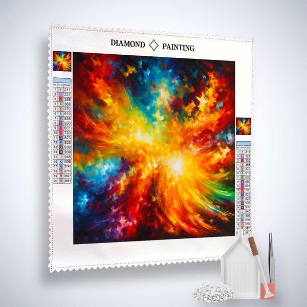 Diamond Painting Kit - Cosmic Vastness with vibrant abstract design, including canvas, acrylic diamonds, tweezers, and application pen. Paint by Numbers.