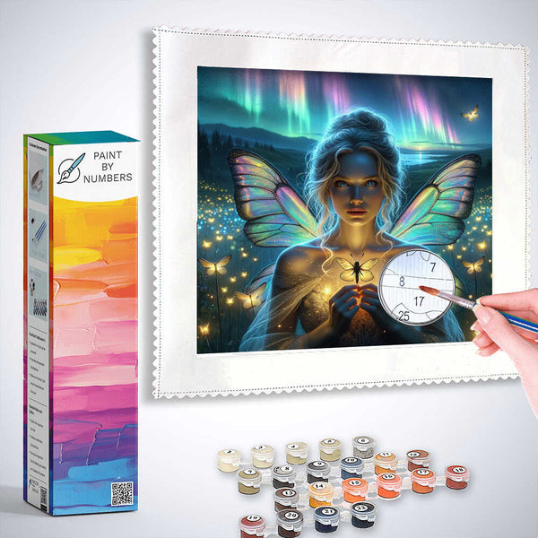 Paint by Numbers kit featuring "Whispers of the Night Fairies" with blue and green hues, a fairy with iridescent wings, and luminous butterflies.