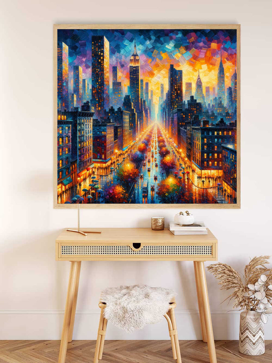 Paint by Numbers - Urban Color Rush painting of vibrant cityscape with bright colors and dynamic brushstrokes above a modern desk.