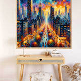 Paint by Numbers - Urban Color Rush painting of vibrant cityscape with bright colors and dynamic brushstrokes above a modern desk.
