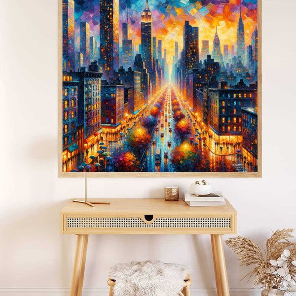 Paint by Numbers - Urban Color Rush painting of vibrant cityscape with bright colors and dynamic brushstrokes above a modern desk.