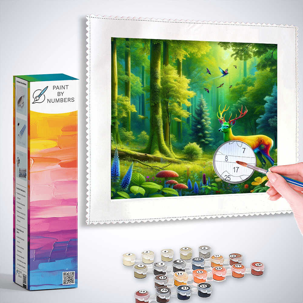 Person painting "Paint by Numbers - Magic Forest of Colors" with a vibrant deer and forest scene, paint set included.