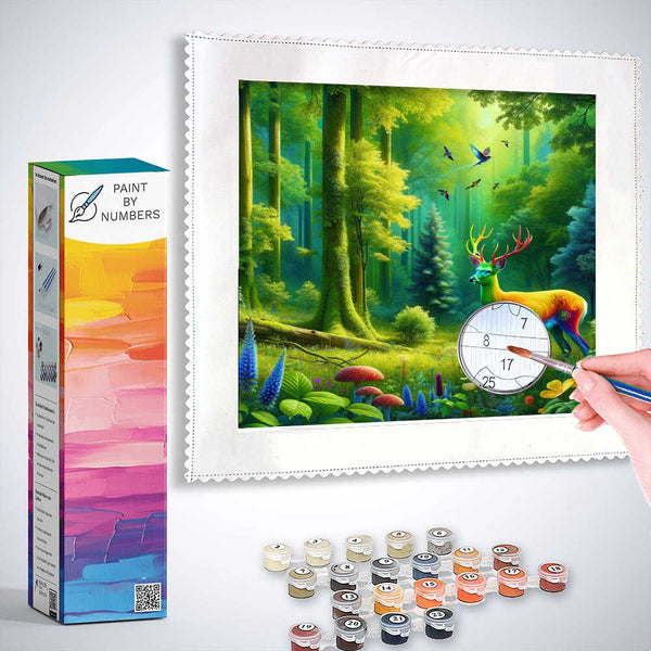 Person painting "Paint by Numbers - Magic Forest of Colors" with a vibrant deer and forest scene, paint set included.