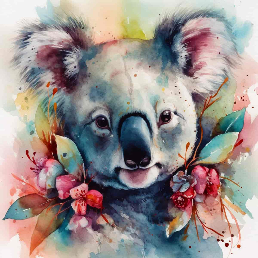 Diamond painting kit featuring a colorful cuddly koala surrounded by vibrant flowers, perfect for paint by numbers enthusiasts.