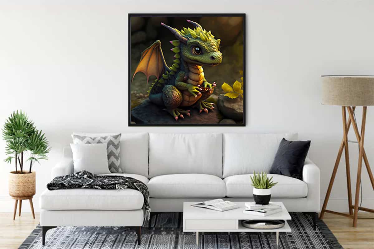 Living room decor featuring a framed diamond painting of a colorful baby dragon, part of the Paint by Numbers collection.