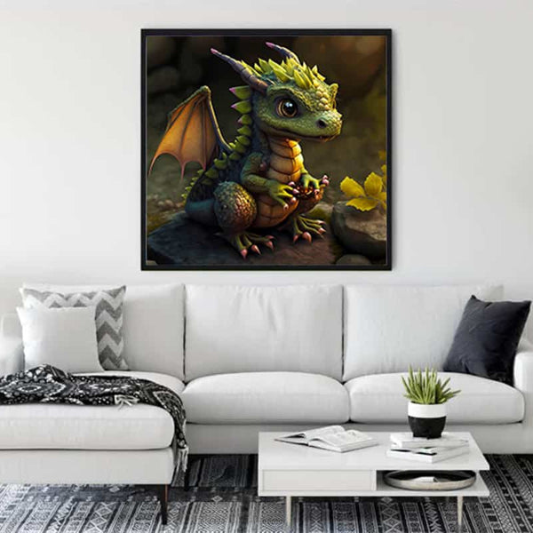 Living room decor featuring a framed diamond painting of a colorful baby dragon, part of the Paint by Numbers collection.